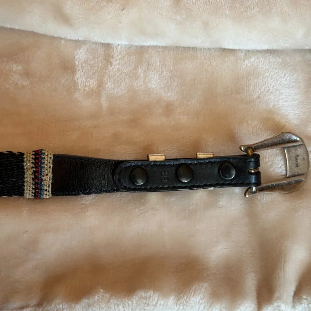 Southwestern Brass Buckle Woven Black Leather Strap Belt Women's 30